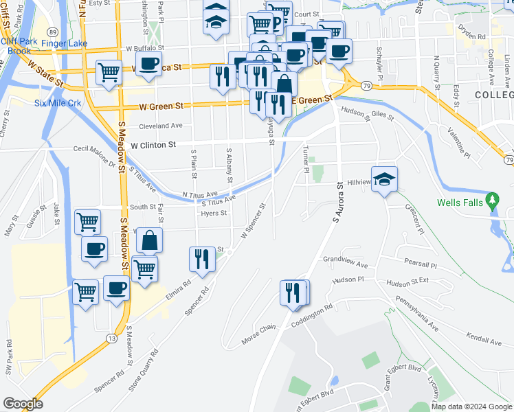 map of restaurants, bars, coffee shops, grocery stores, and more near 431 South Geneva Street in Ithaca
