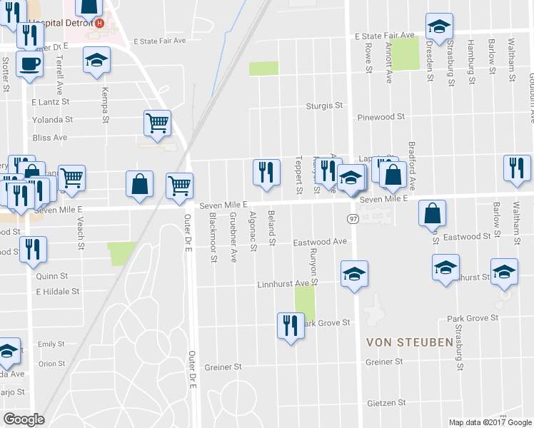 map of restaurants, bars, coffee shops, grocery stores, and more near 18975 Beland Street in Detroit