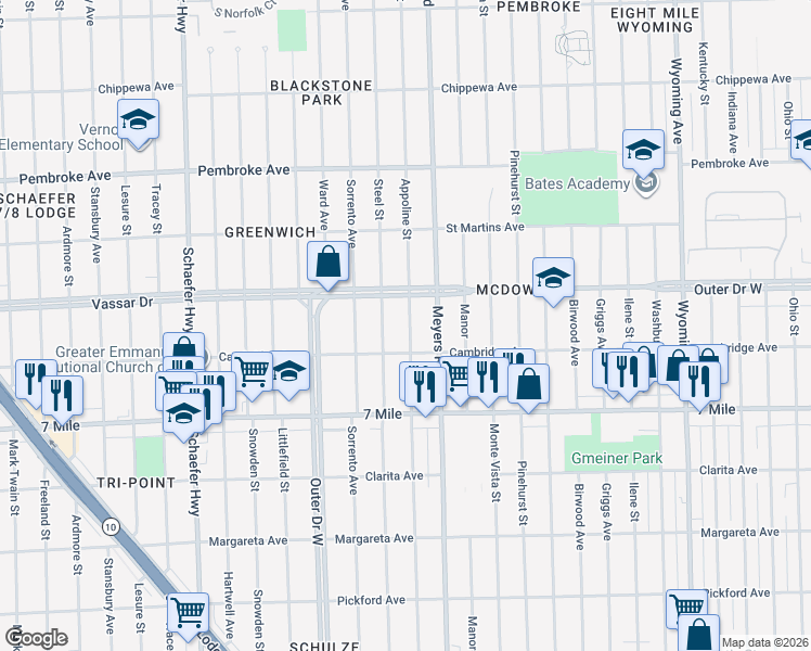 map of restaurants, bars, coffee shops, grocery stores, and more near 19315 Appoline Street in Detroit