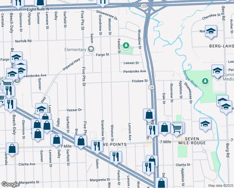map of restaurants, bars, coffee shops, grocery stores, and more near 19440 Winston Street in Detroit