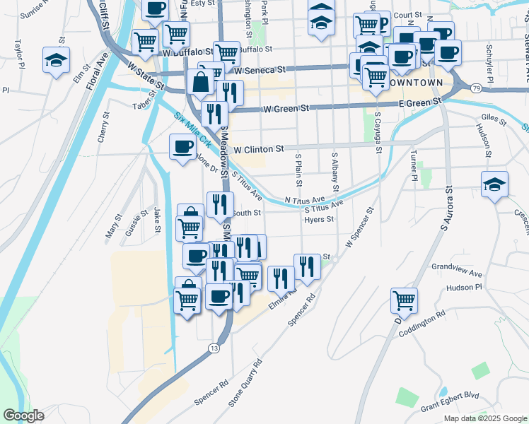 map of restaurants, bars, coffee shops, grocery stores, and more near Fair Street & South Street in Ithaca