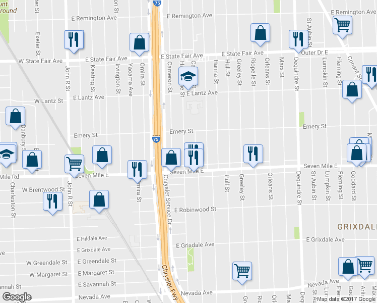 map of restaurants, bars, coffee shops, grocery stores, and more near 19184 Hawthorne Street in Highland Park