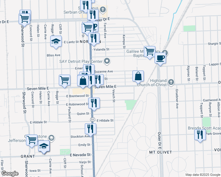 map of restaurants, bars, coffee shops, grocery stores, and more near 8140 Seven Mile East in Detroit