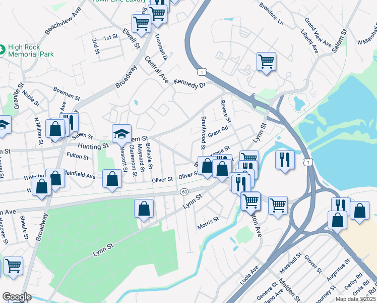 map of restaurants, bars, coffee shops, grocery stores, and more near 76 Beach Street in Malden