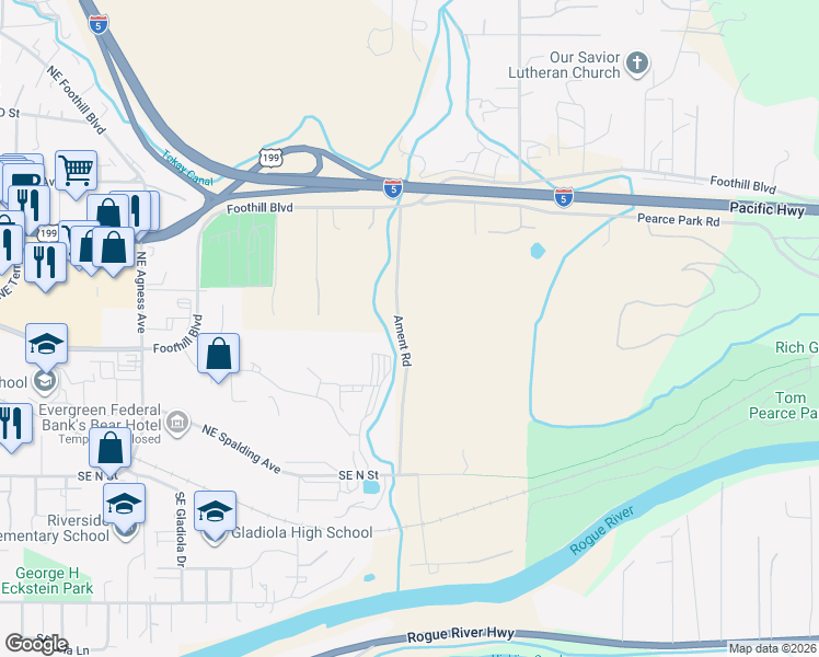 map of restaurants, bars, coffee shops, grocery stores, and more near 425 Ament Road in Grants Pass