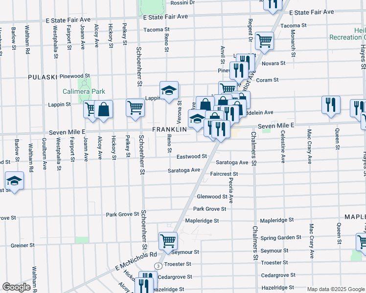 map of restaurants, bars, coffee shops, grocery stores, and more near 13851 Eastwood Street in Detroit