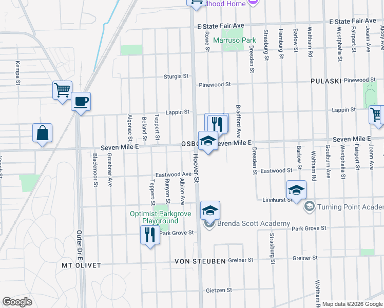 map of restaurants, bars, coffee shops, grocery stores, and more near 18985 Hoover Street in Detroit