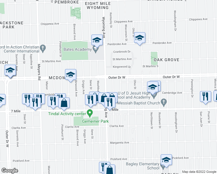 map of restaurants, bars, coffee shops, grocery stores, and more near 19344 Wyoming Avenue in Detroit