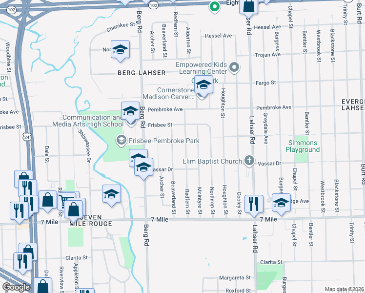 map of restaurants, bars, coffee shops, grocery stores, and more near 19470 Beaverland Street in Detroit