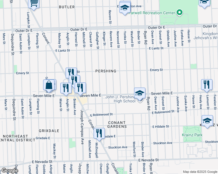map of restaurants, bars, coffee shops, grocery stores, and more near 19129 Revere Street in Detroit