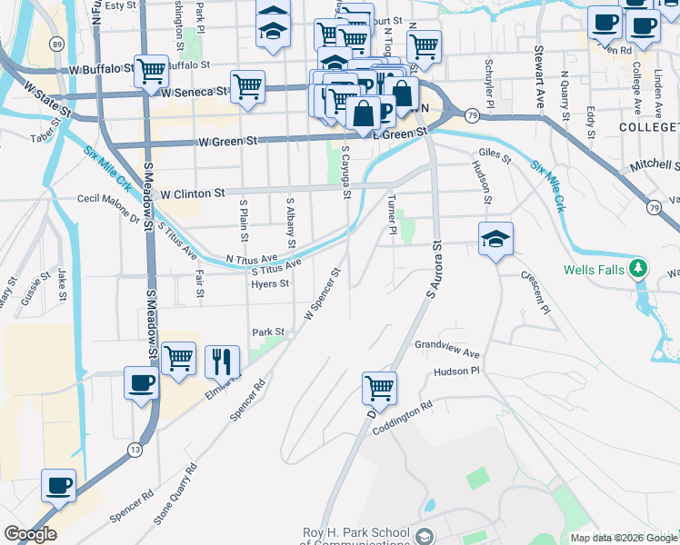 map of restaurants, bars, coffee shops, grocery stores, and more near 521 South Cayuga Street in Ithaca