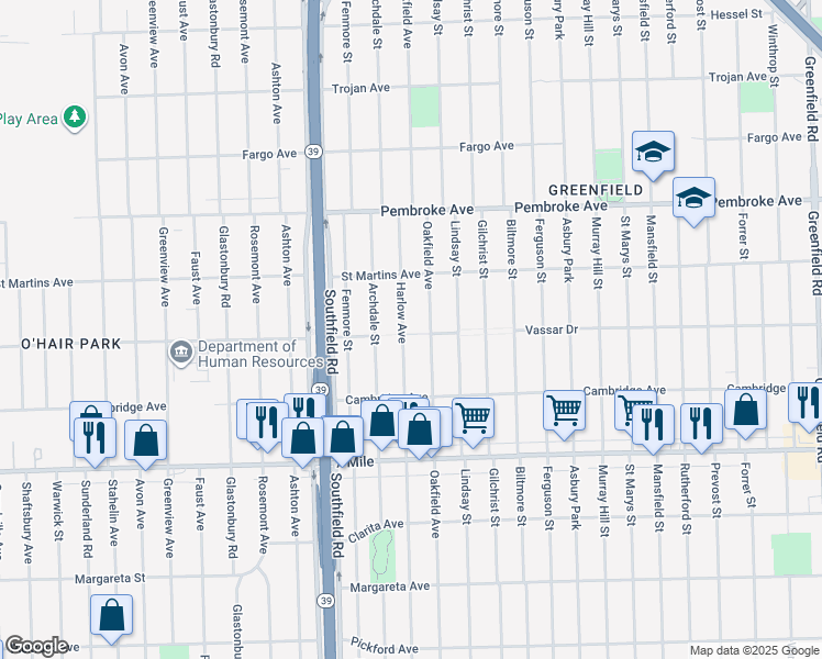 map of restaurants, bars, coffee shops, grocery stores, and more near 19373 Oakfield Avenue in Detroit