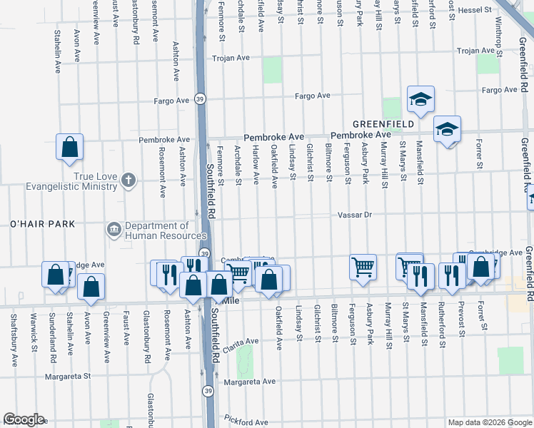 map of restaurants, bars, coffee shops, grocery stores, and more near 17552 Vassar Drive in Detroit