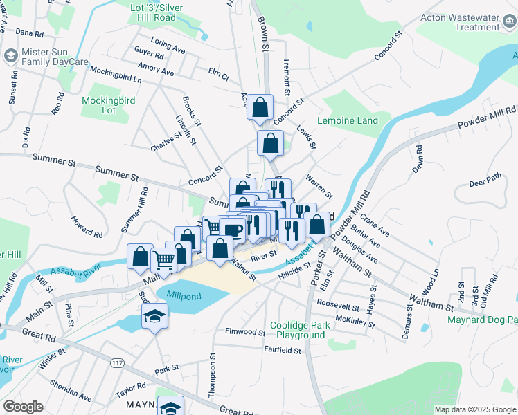 map of restaurants, bars, coffee shops, grocery stores, and more near Summer Street in Maynard