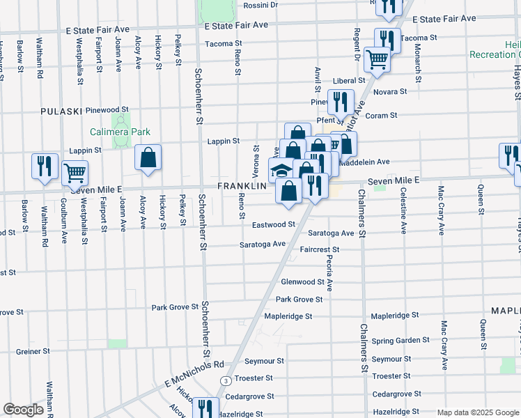 map of restaurants, bars, coffee shops, grocery stores, and more near 13851 Eastwood Street in Detroit