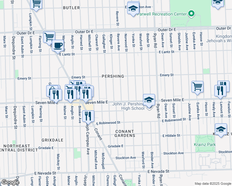 map of restaurants, bars, coffee shops, grocery stores, and more near 19129 Revere Street in Detroit