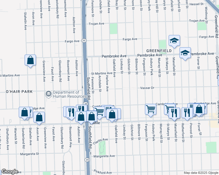 map of restaurants, bars, coffee shops, grocery stores, and more near 19373 Oakfield Avenue in Detroit