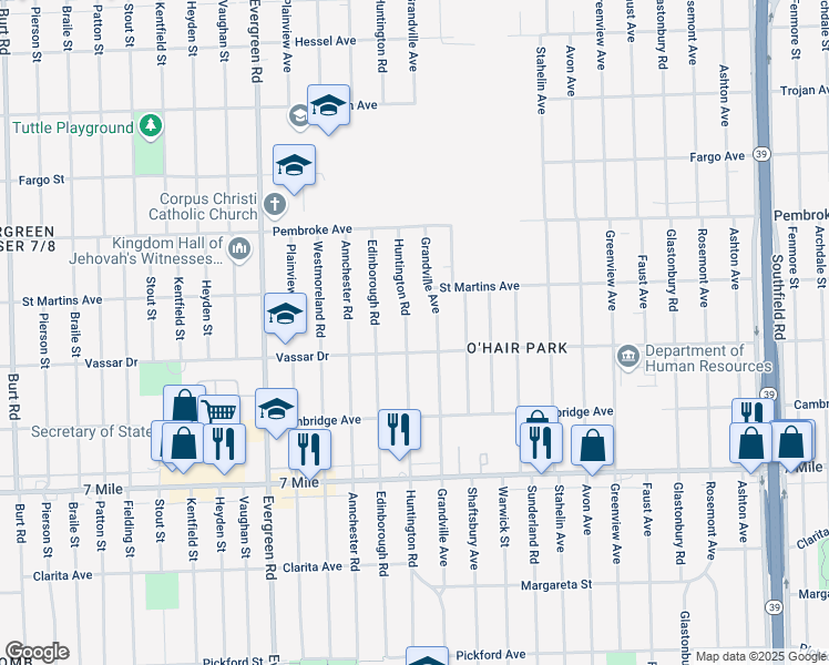 map of restaurants, bars, coffee shops, grocery stores, and more near 19401 Huntington Road in Detroit