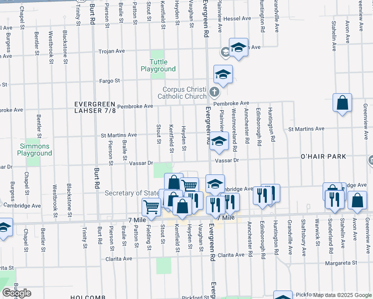 map of restaurants, bars, coffee shops, grocery stores, and more near 19422 Heyden Street in Detroit