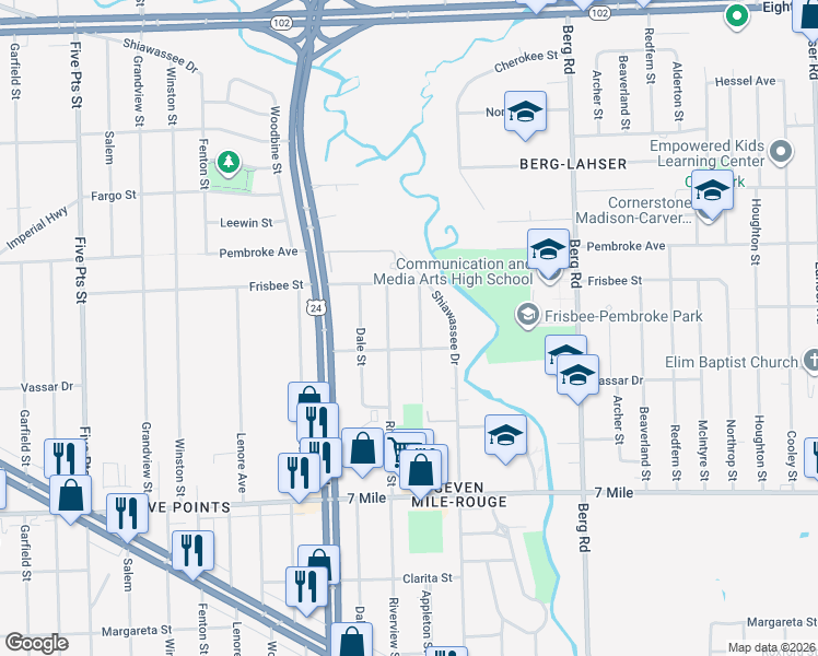 map of restaurants, bars, coffee shops, grocery stores, and more near 19612 Appleton Street in Detroit