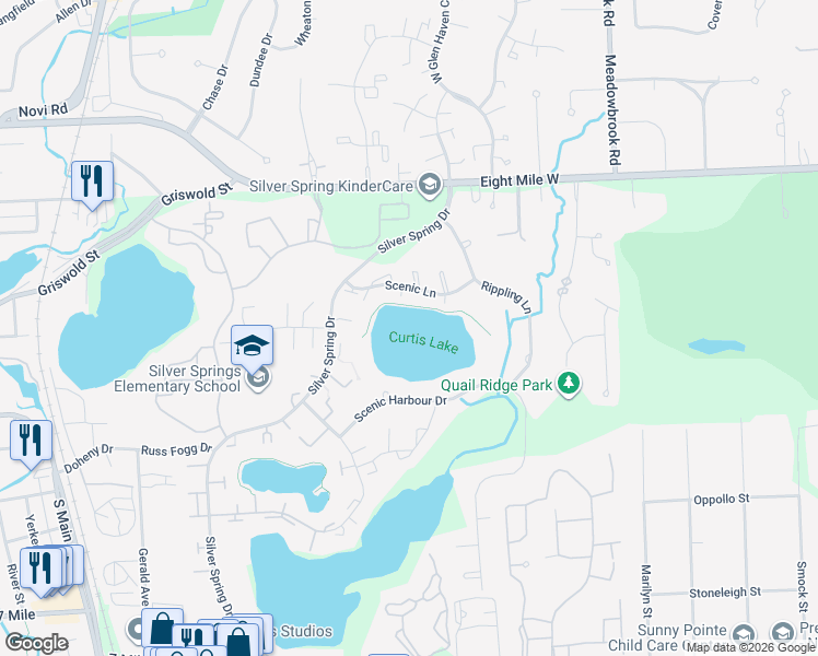 map of restaurants, bars, coffee shops, grocery stores, and more near 42121 Scenic Lane in Northville