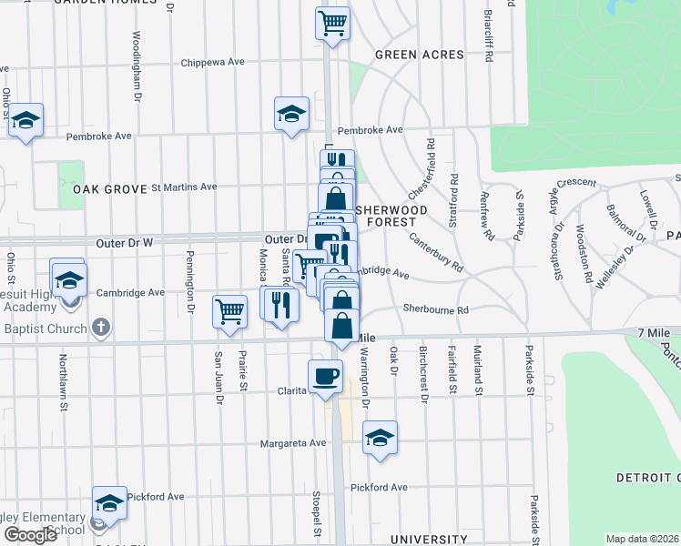 map of restaurants, bars, coffee shops, grocery stores, and more near 19231 Warrington Drive in Detroit