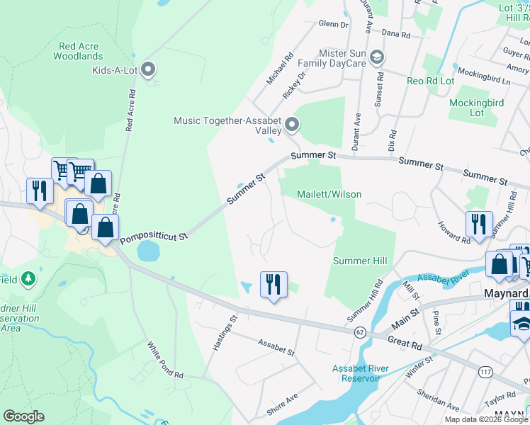 map of restaurants, bars, coffee shops, grocery stores, and more near 2 Apple Ridge Road in Maynard