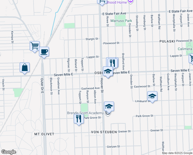 map of restaurants, bars, coffee shops, grocery stores, and more near 18990 Albion Avenue in Detroit