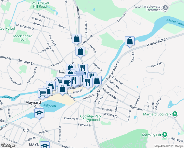 map of restaurants, bars, coffee shops, grocery stores, and more near in Maynard