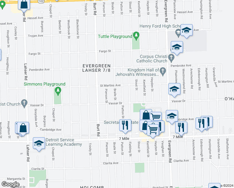 map of restaurants, bars, coffee shops, grocery stores, and more near 19460 Braile Street in Detroit
