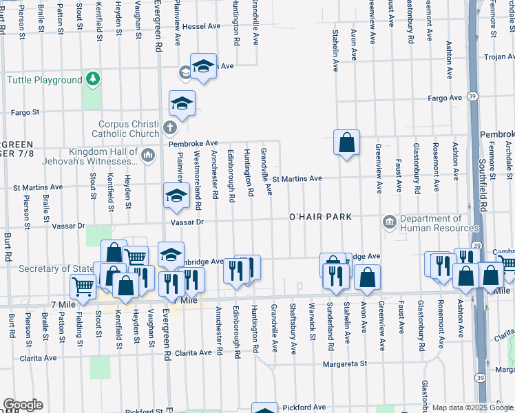 map of restaurants, bars, coffee shops, grocery stores, and more near 19401 Huntington Road in Detroit