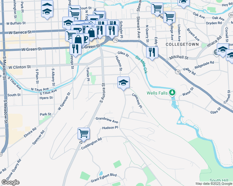 map of restaurants, bars, coffee shops, grocery stores, and more near 520 Hudson Street in Ithaca