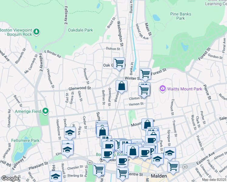 map of restaurants, bars, coffee shops, grocery stores, and more near 39 Greenleaf Street in Malden