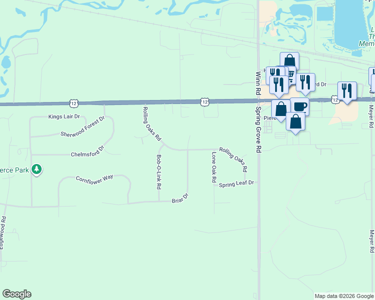 map of restaurants, bars, coffee shops, grocery stores, and more near 7401 Briar Court in Spring Grove