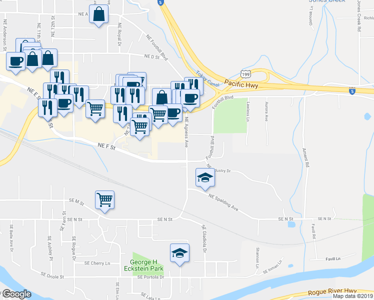 map of restaurants, bars, coffee shops, grocery stores, and more near 428 Northeast Agness Avenue in Grants Pass