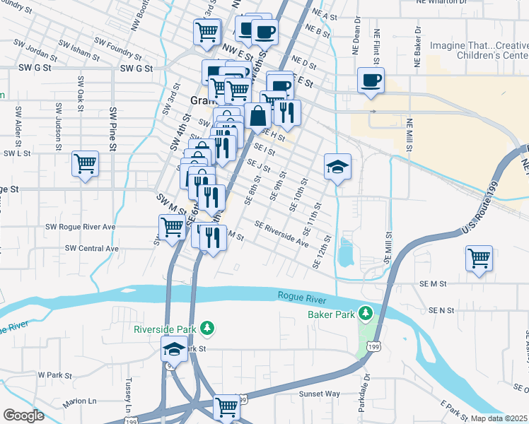 map of restaurants, bars, coffee shops, grocery stores, and more near 709 Southeast 9th Street in Grants Pass