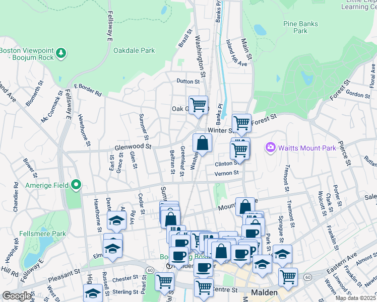map of restaurants, bars, coffee shops, grocery stores, and more near 39 Greenleaf Street in Malden