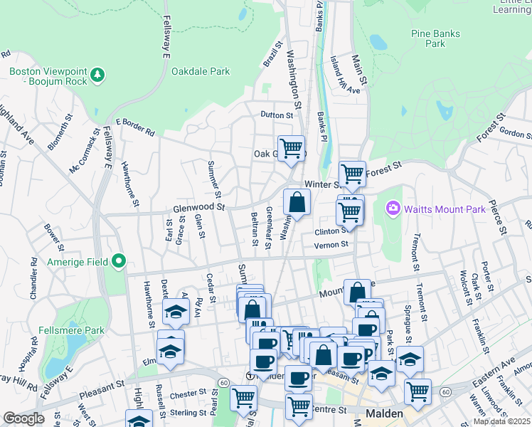 map of restaurants, bars, coffee shops, grocery stores, and more near 39 Greenleaf Street in Malden