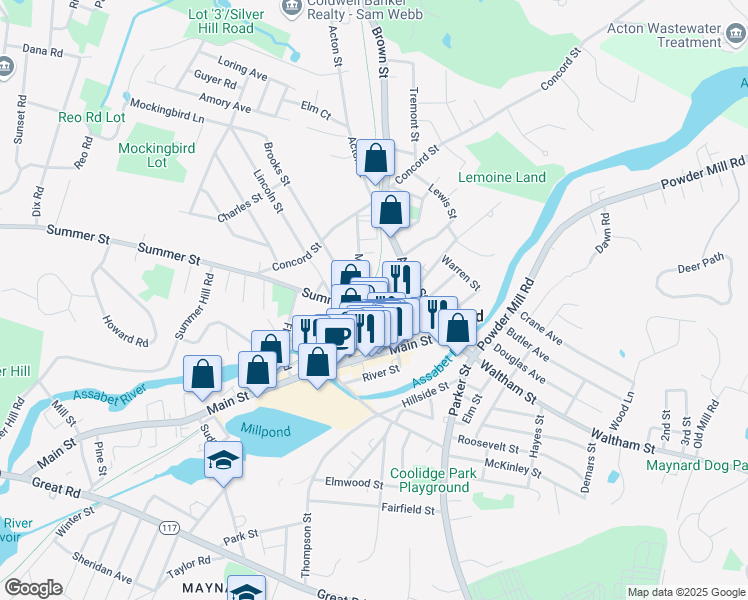 map of restaurants, bars, coffee shops, grocery stores, and more near Summer Street in Maynard