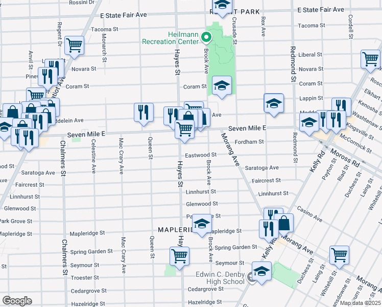 map of restaurants, bars, coffee shops, grocery stores, and more near 18820 Hayes Street in Detroit