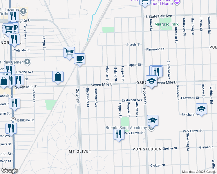 map of restaurants, bars, coffee shops, grocery stores, and more near 18975 Beland Street in Detroit
