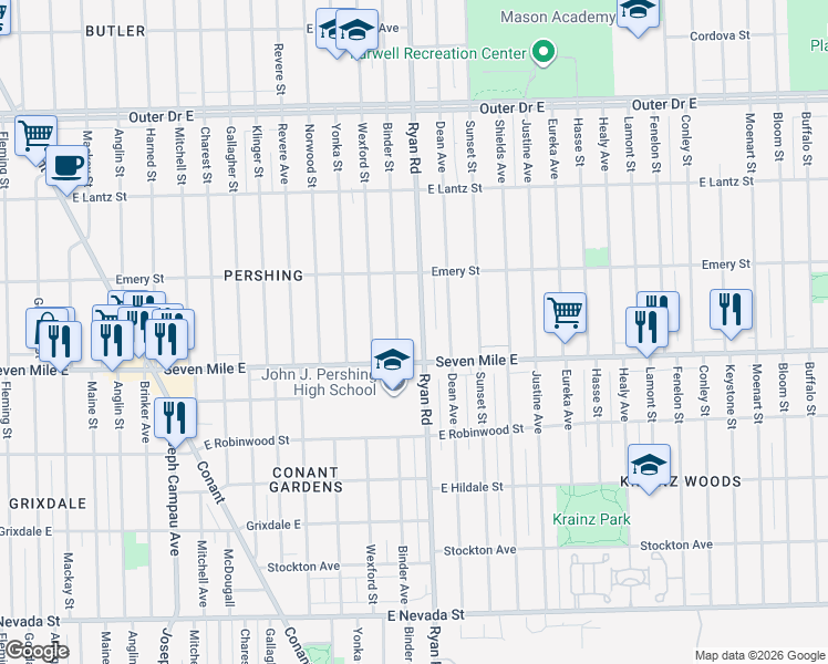 map of restaurants, bars, coffee shops, grocery stores, and more near 19126 Binder Street in Detroit