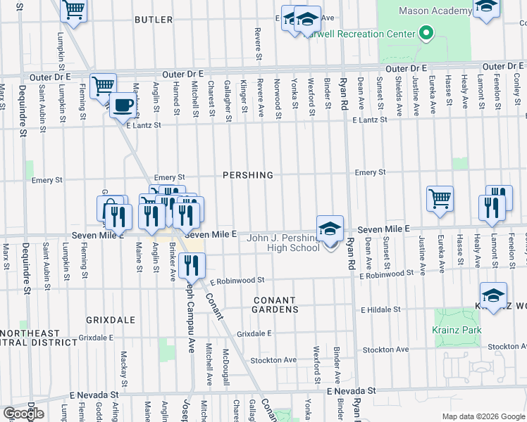 map of restaurants, bars, coffee shops, grocery stores, and more near 19129 Revere Street in Detroit