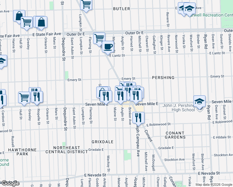 map of restaurants, bars, coffee shops, grocery stores, and more near 19131 Anglin Street in Detroit