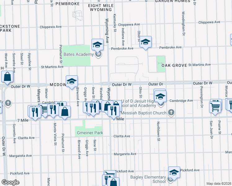 map of restaurants, bars, coffee shops, grocery stores, and more near 19319 Kentucky Street in Detroit