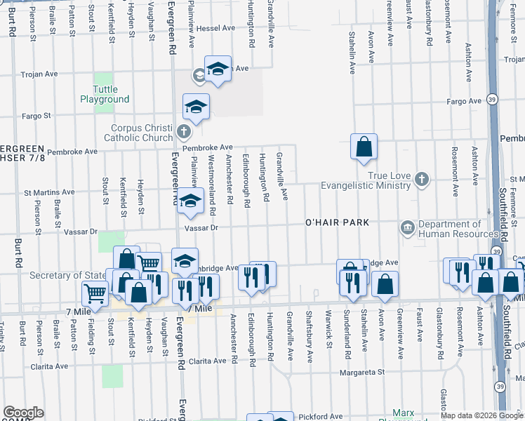map of restaurants, bars, coffee shops, grocery stores, and more near 19401 Huntington Road in Detroit
