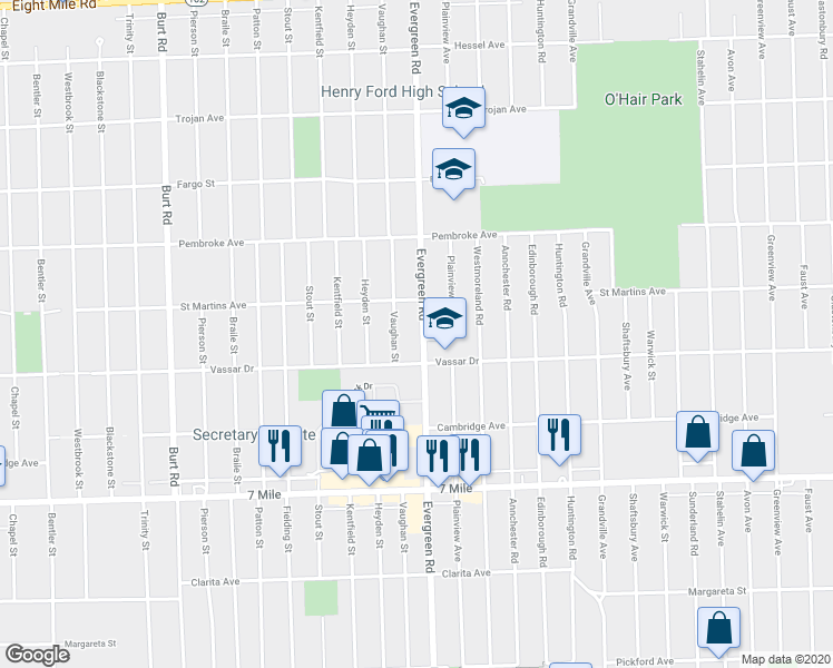 map of restaurants, bars, coffee shops, grocery stores, and more near 19415 Evergreen Road in Detroit