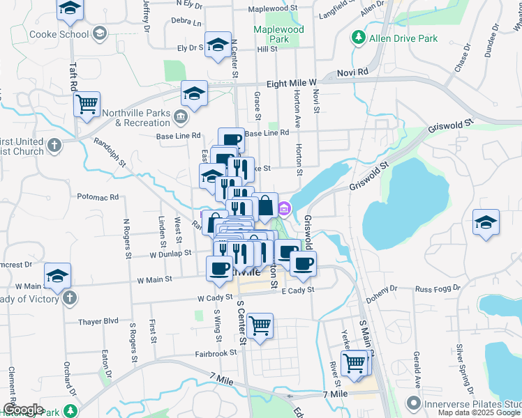 map of restaurants, bars, coffee shops, grocery stores, and more near 229 Hutton Street in Northville