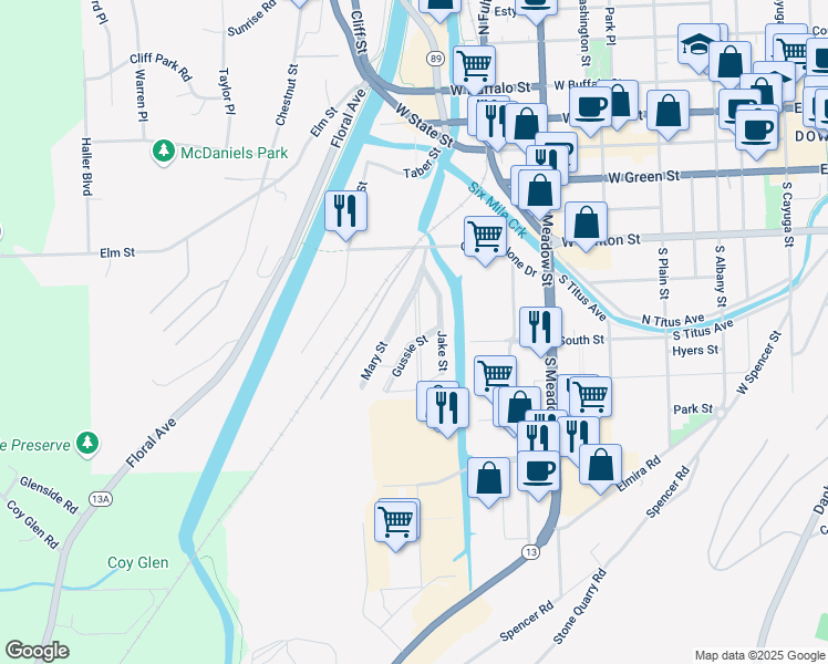 map of restaurants, bars, coffee shops, grocery stores, and more near Gussie Street in Ithaca