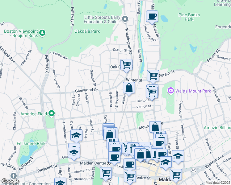 map of restaurants, bars, coffee shops, grocery stores, and more near 60 Greenleaf Street in Malden
